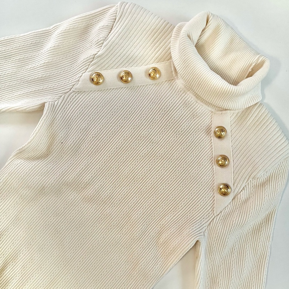 Balmain-inspired Cream-colored Turtleneck with Gold Accent buttons by Express